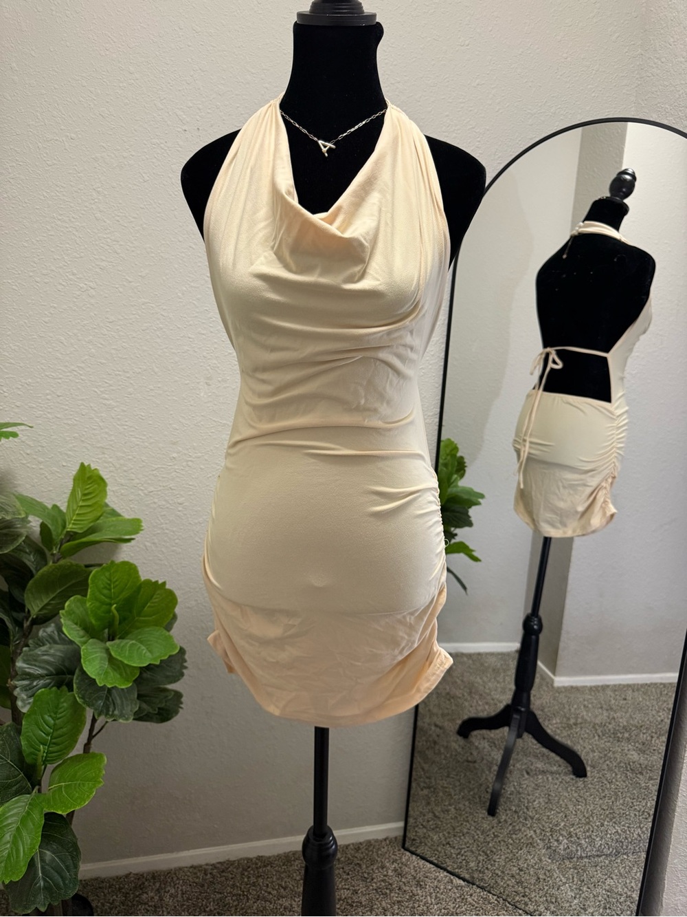 SHEIN Cream Halter Cowl-Back Mini Dress